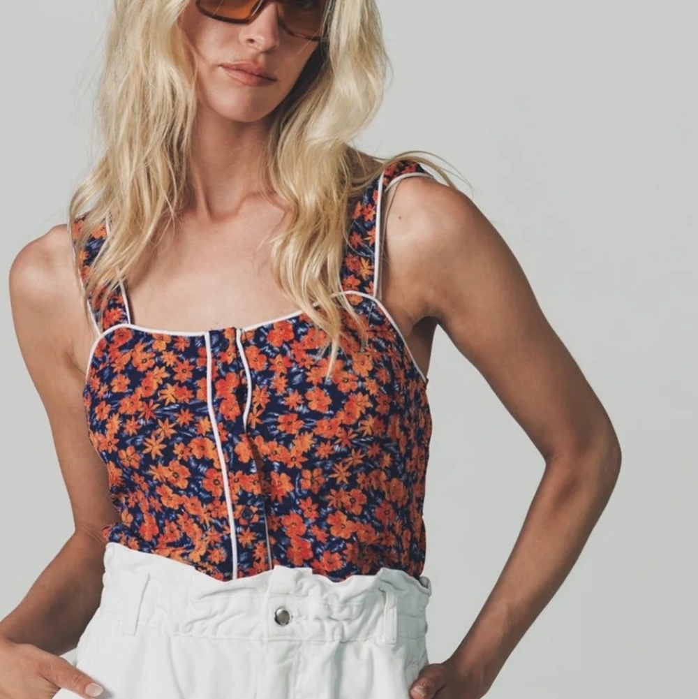Rochelle Behrens Bow Tie Back 'Stephanie' Floral Crop Tank Top XS - Picture 1 of 7